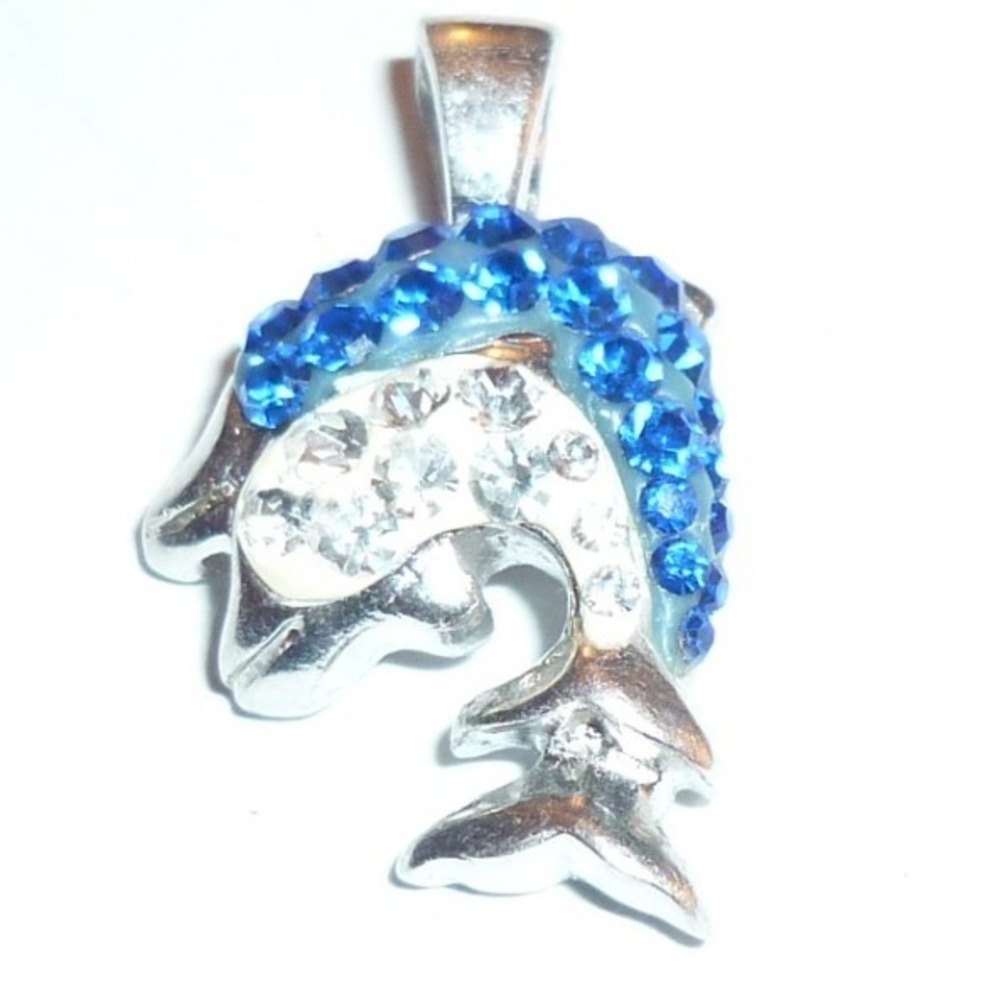 Silver Tone Blue and Clear Rhinestone Dolphin Pendant Nautical Jewelry